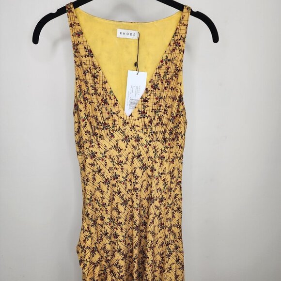 NWT Rhode Irvetta V Neck Side Slit Ruffle Dress Floral Trellis Wheat Size Small - Picture 7 of 16